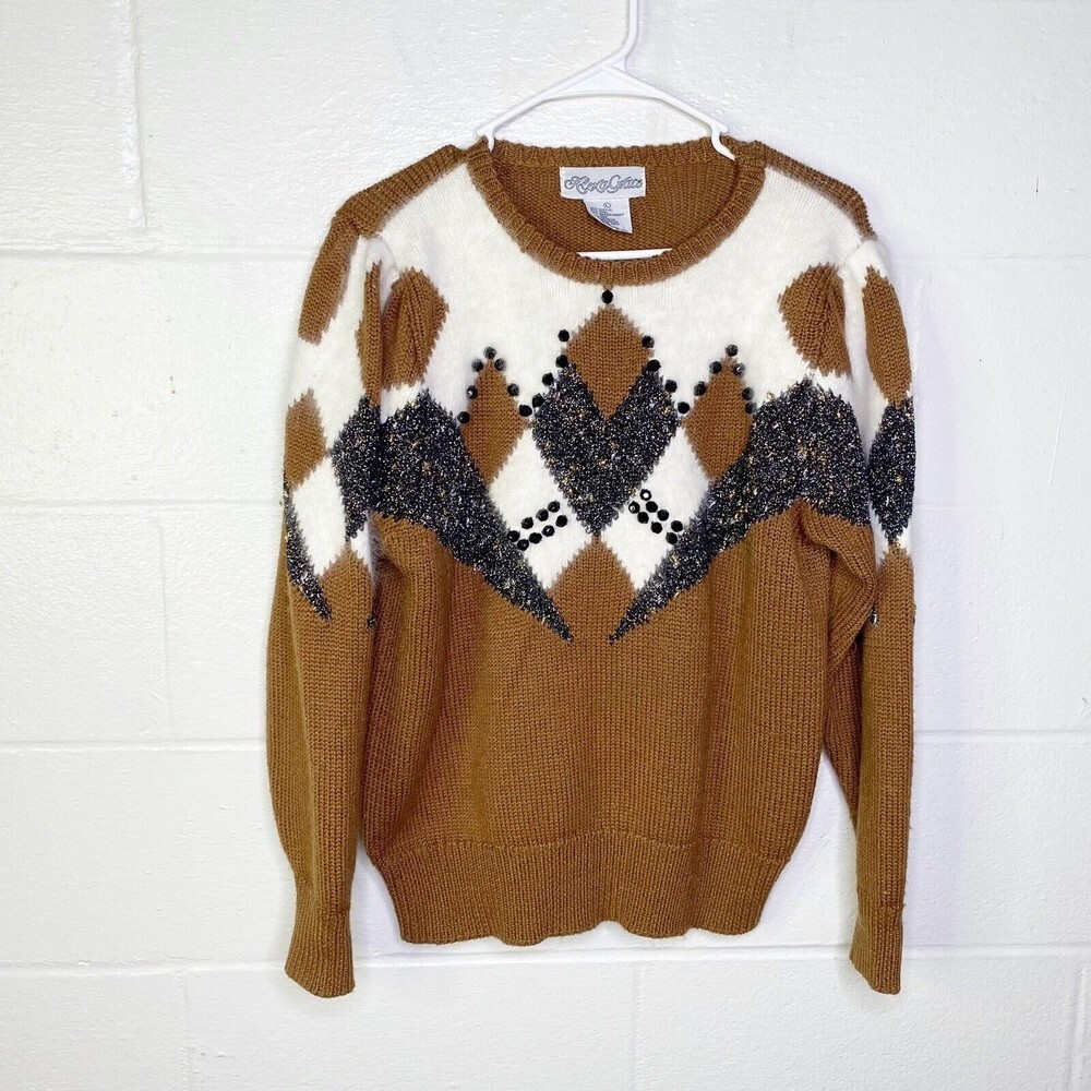 Vtg 90s Sweater Alexa Grace Womens Large Wool Blend Metallic Grandma Core Brown